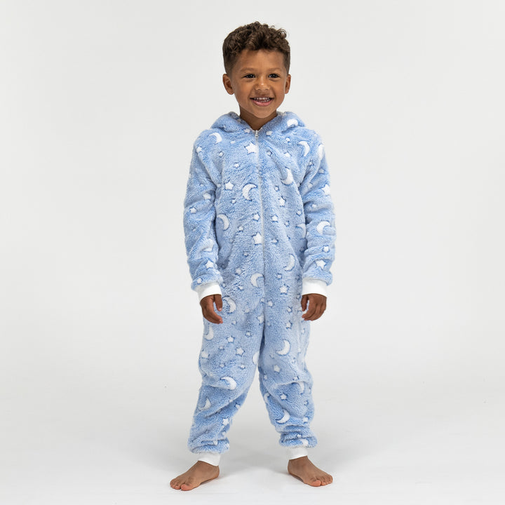 Kids Moon and Stars Hooded Fleece Onesie 5 10 Years Blue White Big Bertha Original UK