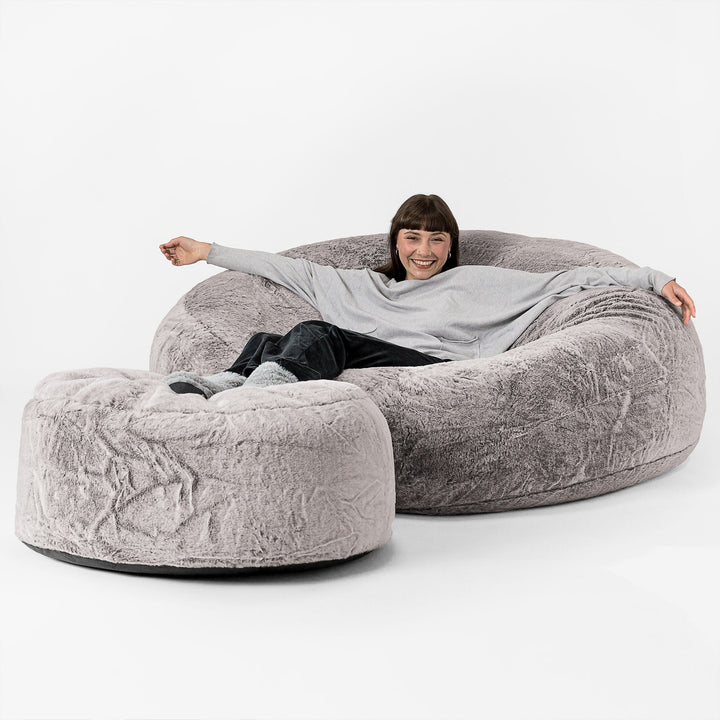 Mega Mammoth Bean Bag Sofa - Faux Rabbit Fur Light Grey 02