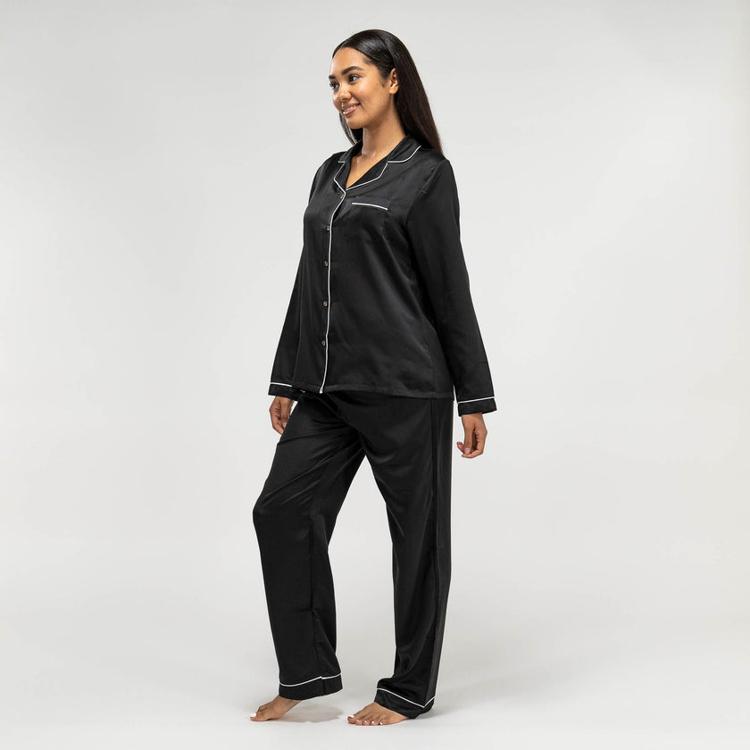 Women's Black Satin Pyjamas Long Sleeve Trouser Set, Size: XS-XL