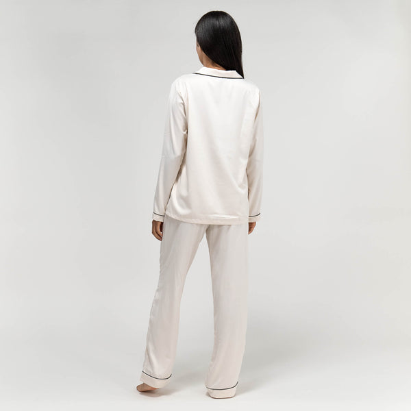 Women's Cream Satin Trouser Pyjamas Fabric Close-up Image